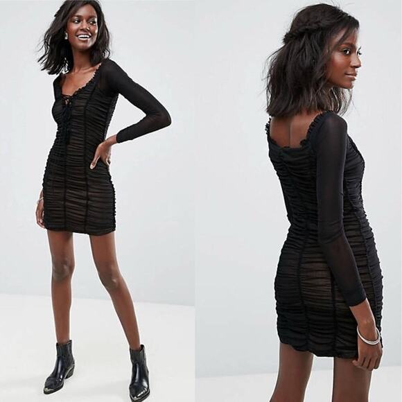 Majorelle Jardin Darling Ruched Dress in Black Lace Up Front Bodycon Size Large - Picture 5 of 15